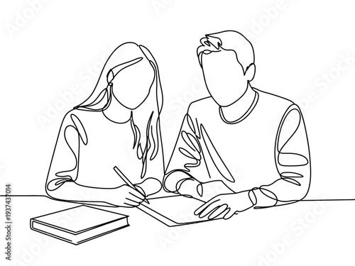 Continuous Line Drawing of Two Students Studying Together with Notebook and Pen