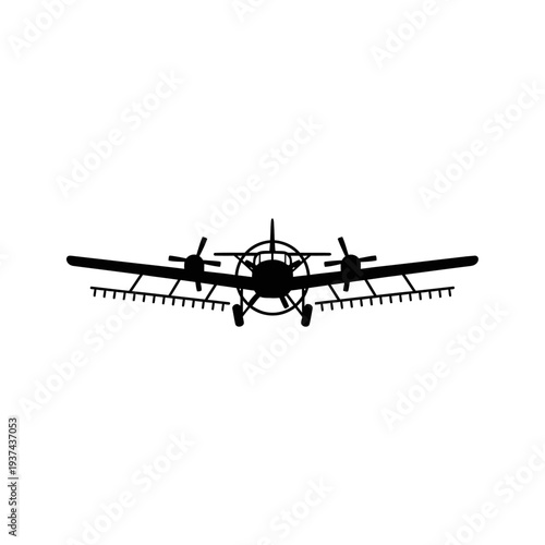 Silhouette of an agricultural aircraft with a sprayer attachment, ready for crop dusting operations