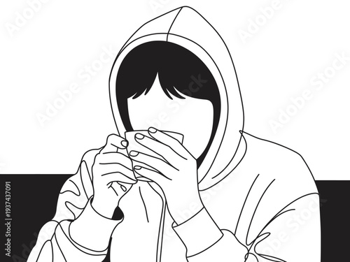 Black and white illustration of a person wearing a hoodie drinking from a cup