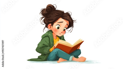 Wallpaper Mural Young girl sitting on floor reading a book Torontodigital.ca