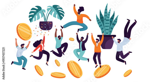 Empowered diverse professional team celebrating financial growth, hitting revenue targets, and corporate success in modern vector style