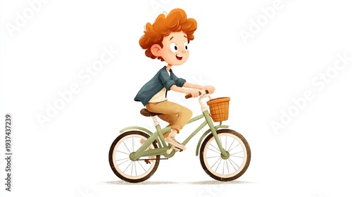 Wallpaper Mural Cheerful cartoon boy riding green bicycle with wicker basket Torontodigital.ca