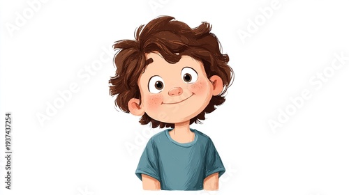 Wallpaper Mural Cheerful cartoon boy with curly brown hair and blue t-shirt smiling shyly Torontodigital.ca