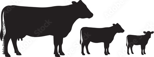 Generations of Cows Silhouettes: Cow, Calf, and Heifer in Black Vector