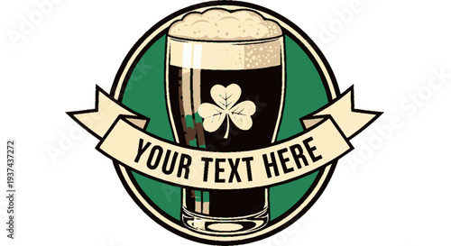 Vintage stout beer glass with shamrock emblem and customizable banner in retro style perfect for irish pub themes and craft beer enthusiasts