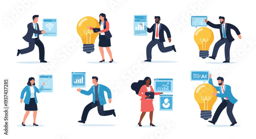 Diverse agile business professionals leveraging AI technology and data insights for creative problem solving and corporate innovation