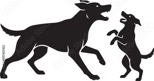 Playful black silhouette vector illustration of two dogs interacting, one large and one small.