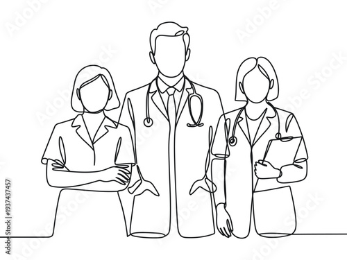Medical professionals team standing together in line art style illustration