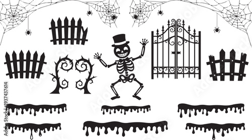 Spooky Skeleton & Halloween Elements Vector Clipart Set