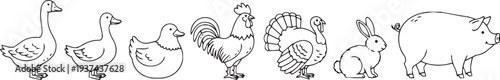 Farm Animal Silhouettes: Rooster, Turkey, Rabbit, Goose, Duck, Pig