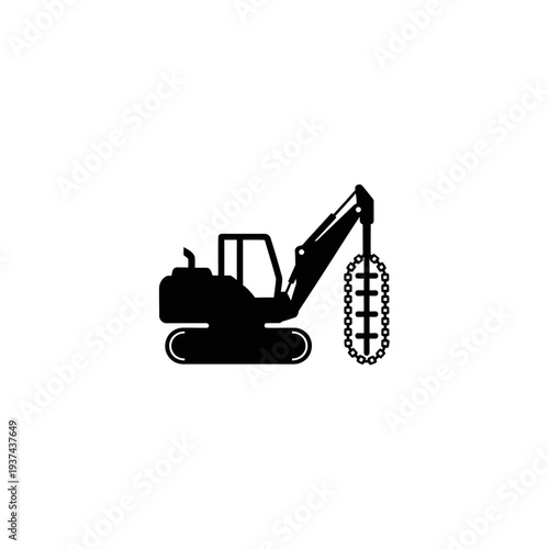A silhouette of a tracked excavator with a digging attachment, highlighting construction and heavy machinery