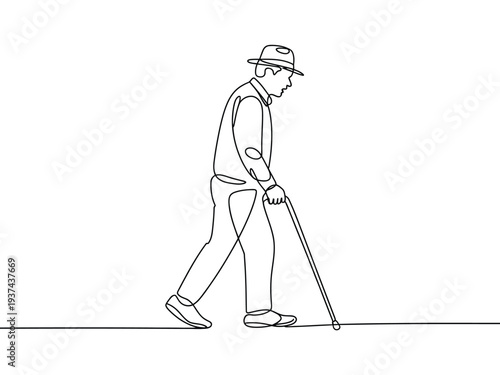 A minimalist line drawing of an elderly man walking with a cane, wearing a hat and casual clothes.