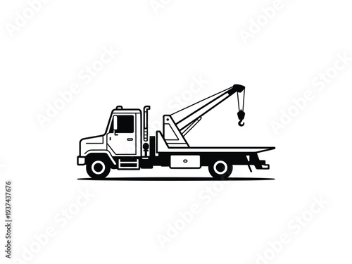 Tow truck with crane and hook, side view, black and white illustration, vehicle, transportation, equipment