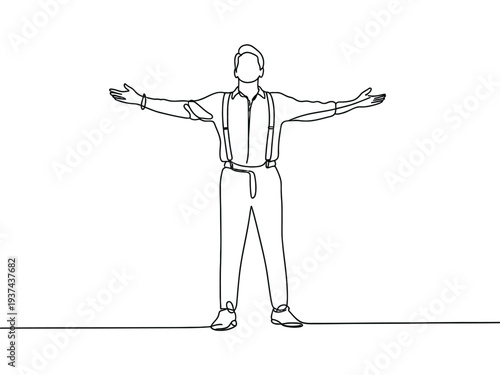 Minimalist Line Drawing of Man with Outstretched Arms in Simple Business Attire on White Background