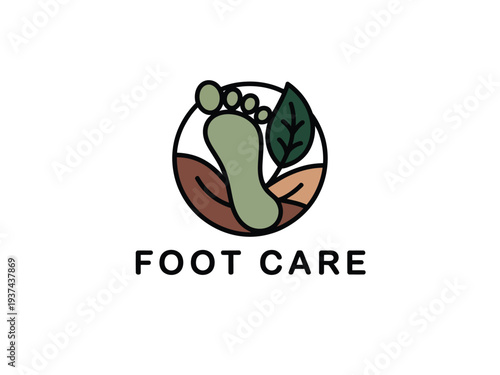 Foot care logo with green foot, leaf, and earthy tones on white background