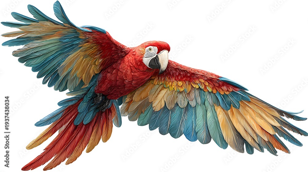 Obraz premium Vibrant Scarlet Macaw in Flight with Wings Spread Wide on White Background.