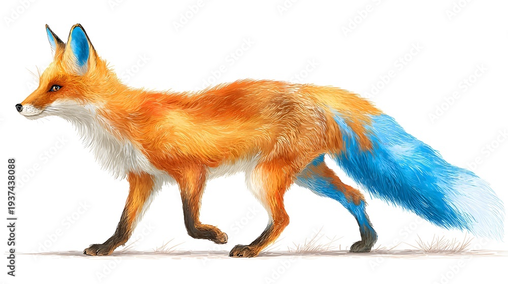 Obraz premium Vibrant Watercolor Fox with Blue Tail and Ears on White Background.