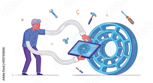 Expert senior engineer utilizing advanced digital diagnostics for precision industrial maintenance and smart manufacturing solutions