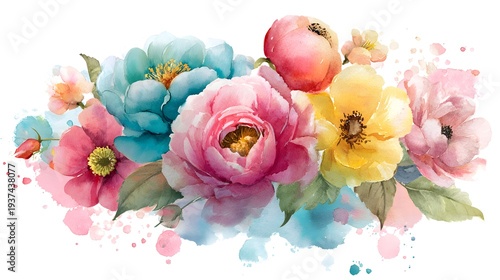 Vibrant Watercolor Floral Arrangement with Pink Blue and Yellow Blooms.