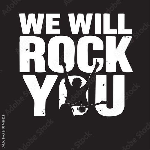 Rock music typography with guitarist silhouette on black background