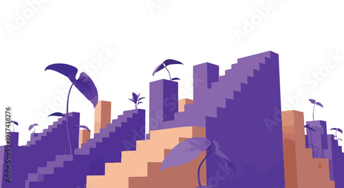 Dynamic growth and corporate scalability concept featuring 3D geometric stairs and organic botanical elements for modern brand storytelling