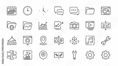 Collection of various line icons.