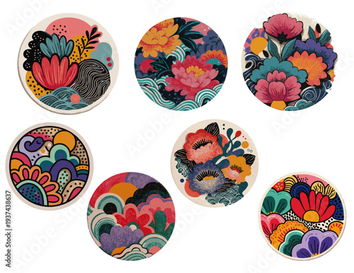 Vector set of 7 modern pop art Korean folk floral circular emblems (Vibrant retro hwarot badge)