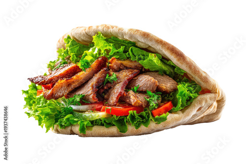 A pita pocket sandwich filled with meat, lettuce, tomato and other vegetables, isolated