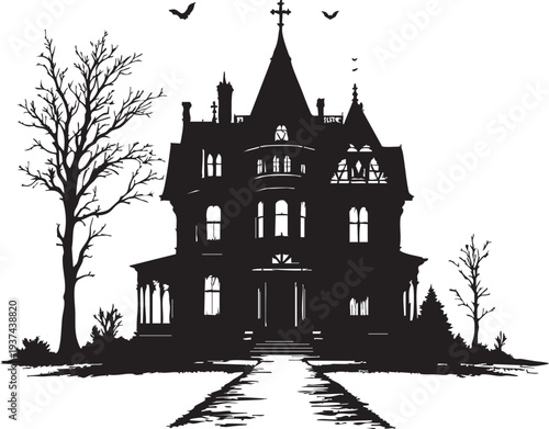 Spooky haunted house silhouette at night with bats flying overhead and trees in the yard