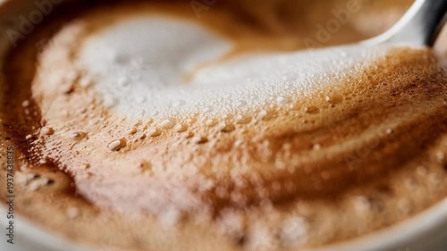 Focused shot on fresh microfoam blending into espresso framing the creamy surface contrast in a cappuccino with soft lighting and blurred surroundings.