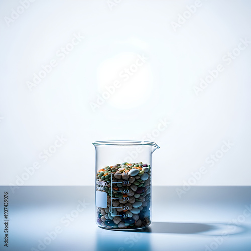 Clear laboratory beaker half‑filled with mixed dry legumes standing near the bottom center of a sterile white surface, large empty upper area used as negative space for research or food science text.