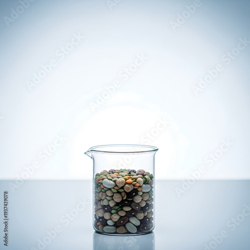 Clear laboratory beaker half‑filled with mixed dry legumes standing near the bottom center of a sterile white surface, large empty upper area used as negative space for research or food science text.