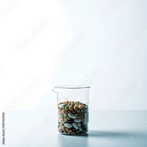 Clear laboratory beaker half‑filled with mixed dry legumes standing near the bottom center of a sterile white surface, large empty upper area used as negative space for research or food science text.