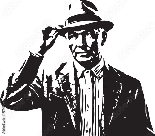 Man in suit and hat touching brim on white background black and white illustration