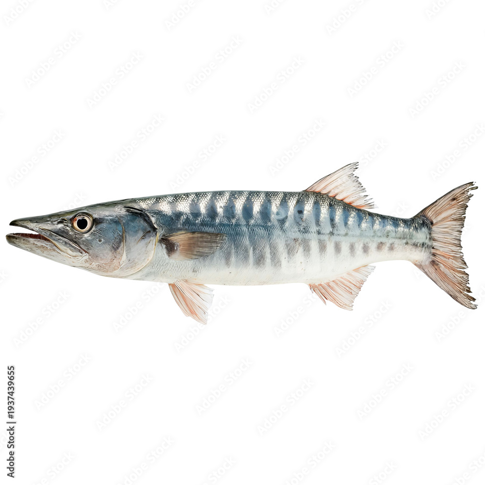 Fototapeta premium PNG of Close-up of a fresh mackerel fish, showcasing its vibrant scales and elongated body.