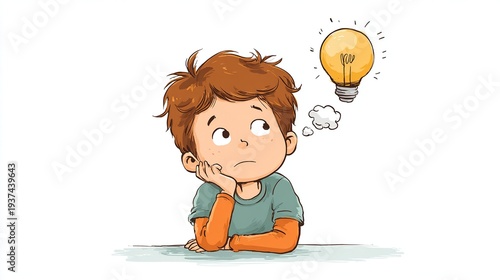 Wallpaper Mural Thoughtful young boy with a bright idea represented by a glowing lightbulb Torontodigital.ca