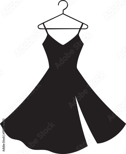 Elegant black dress hanging on a wire hanger formal evening wear with a flared skirt and v neckline isolated on a light gray background