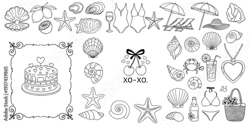 Summer beach elements, seashell silhouette, starfish vector, tropical fruits, swimsuit design, beach umbrella, sunhat, cocktail drink, crab artwork, flat vector illustration