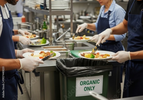 People scraping leftover food into an organic waste bin. Kitchen staff recycling food scraps. Sustainable waste management in catering.