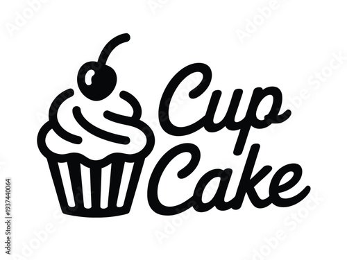 Black and White Cupcake Logo with Cherry on Top and Text