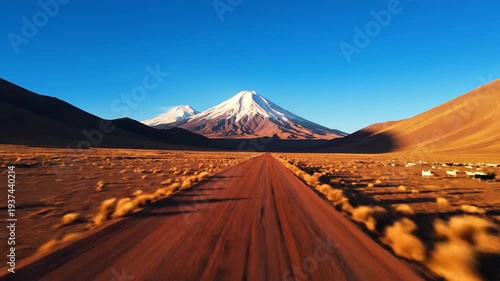 Arid road stretches toward snow-capped mountains beneath a clear blue sky, flanked by hills and scattered vegetation