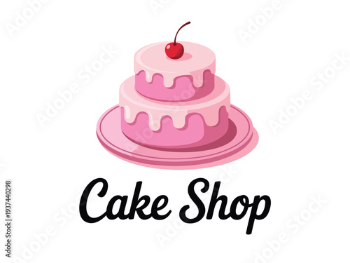 Pink Cake with Cherry on Top, Cake Shop Logo Illustration