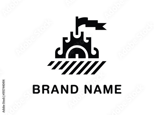 Black Castle Logo with Flag and Brand Name on White Background