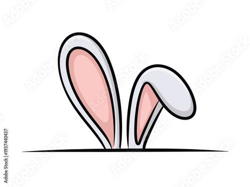 Cartoon Bunny Ears Peeking Out, Pink and White Isolated Illustration on White Background