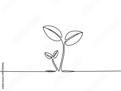 Minimalist Line Drawing of Two Small Plants with Leaves Growing from the Ground