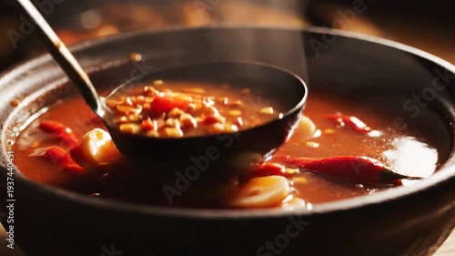 Aromatic red chili soup simmers in a dark clay pot, stirred with a ladle