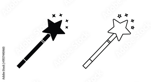Magic Wand Vector Icon Set with Sparkles: Black Solid and Outline Design for Fantasy, Wish, and Enchantment Concepts