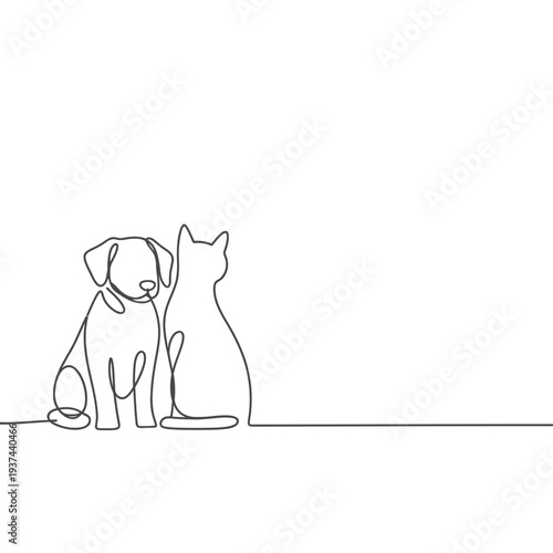 Minimalist Line Drawing of Dog and Cat Sitting Together in Simple Continuous Line Art Style