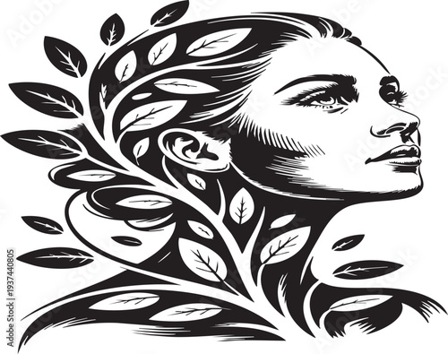 Woman's face merges with leafy plant symbolizing growth and harmony with nature black and white illustration