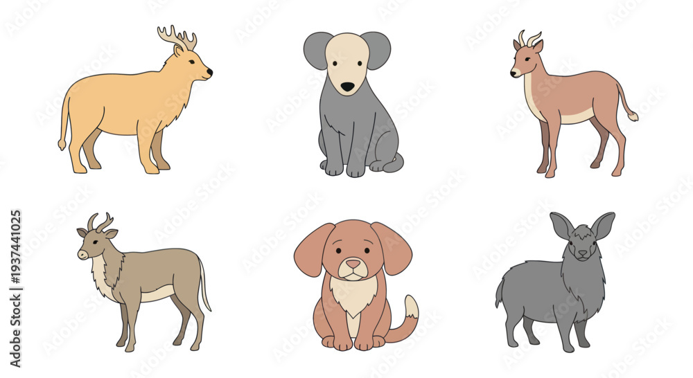 Fototapeta premium Cute cartoon animals including deer, antelope, goats, and puppies in simple illustration style perfect for children?s books and educational materials